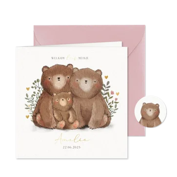 Geboortekaartje meisje berenfamilie plantjes & hartjes